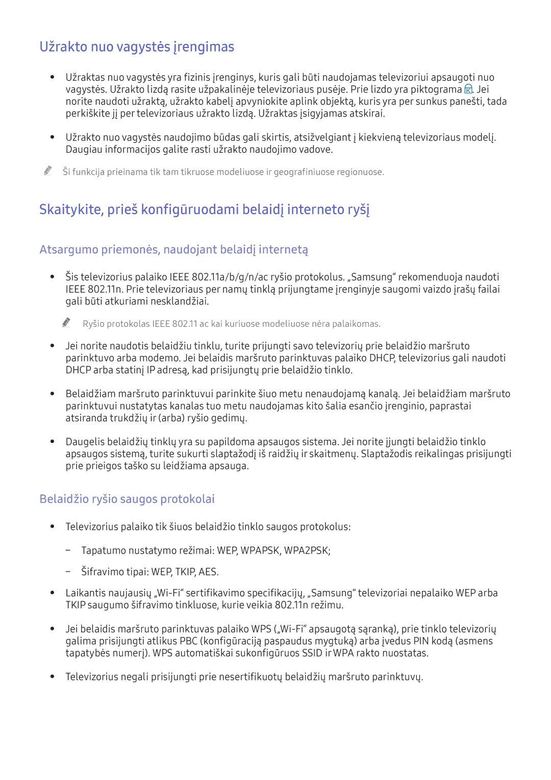 Samsung UE40K6300AWXXH manual Užrakto nuo vagystės įrengimas, Skaitykite, prieš konfigūruodami belaidį interneto ryšį 