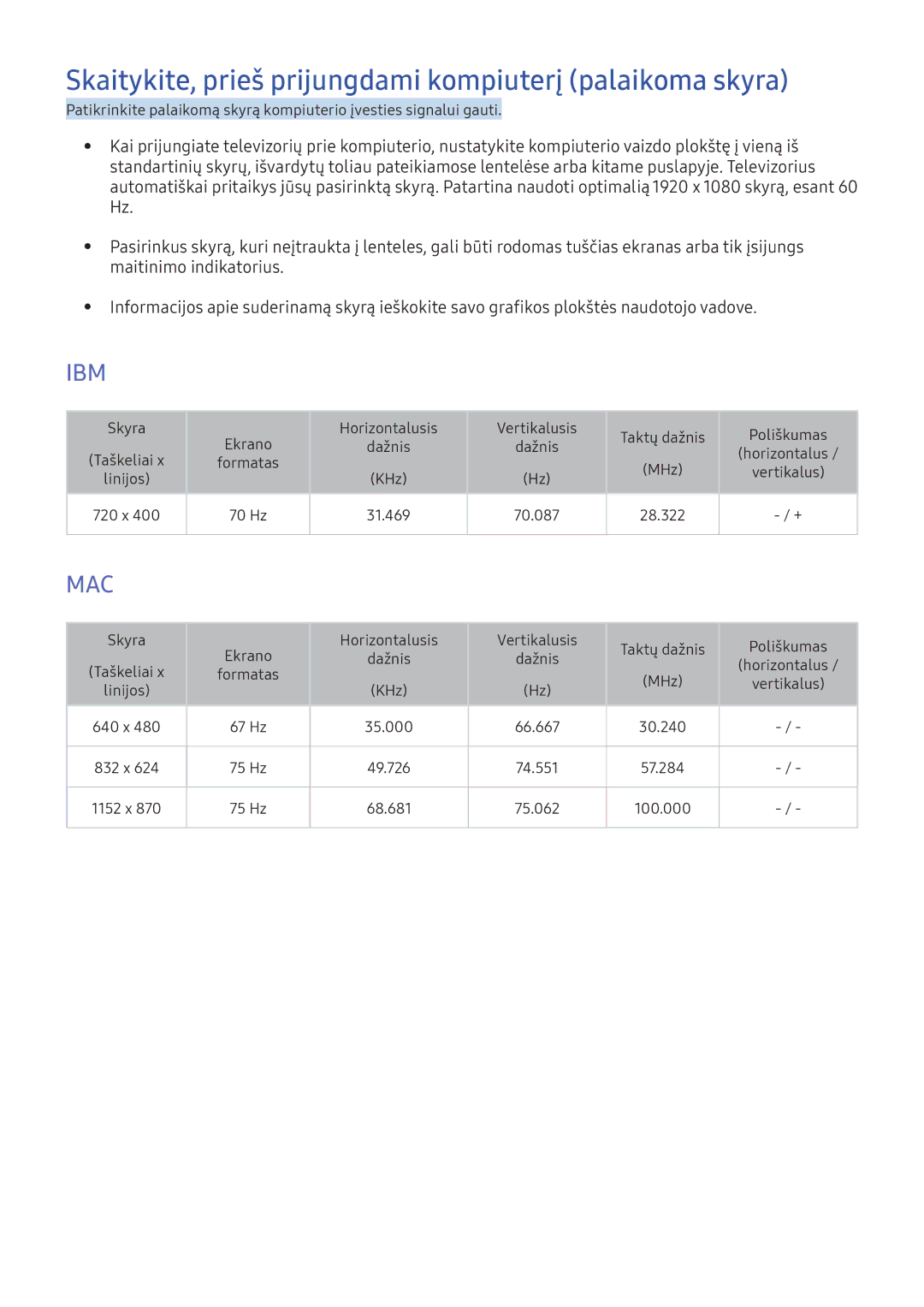 Samsung UE49K6300AWXXH, UE55K6300AWXXH Skaitykite, prieš prijungdami kompiuterį palaikoma skyra, Maitinimo indikatorius 