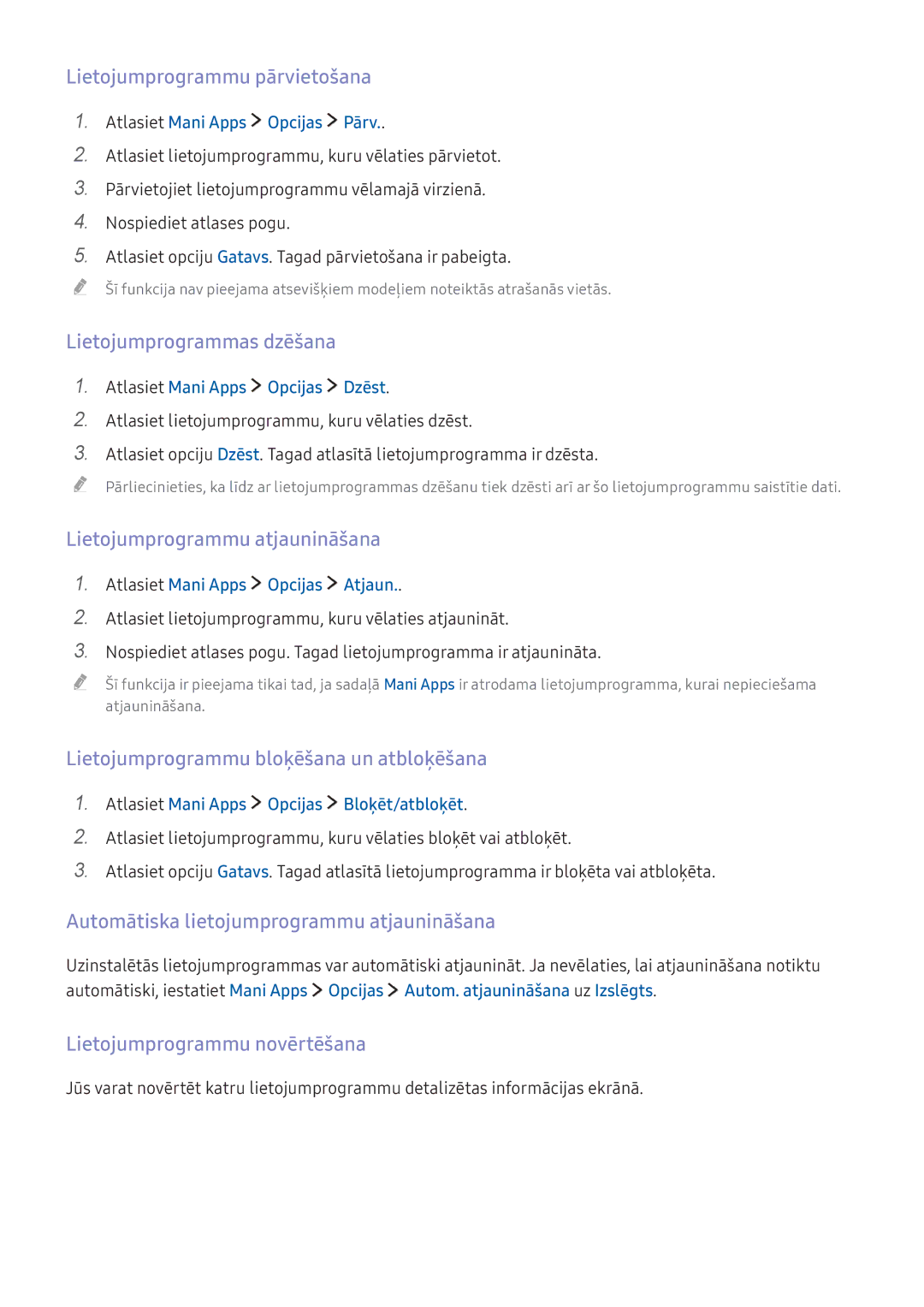 Samsung UE40K5502AKXXH manual Lietojumprogrammu pārvietošana, Lietojumprogrammas dzēšana, Lietojumprogrammu atjaunināšana 