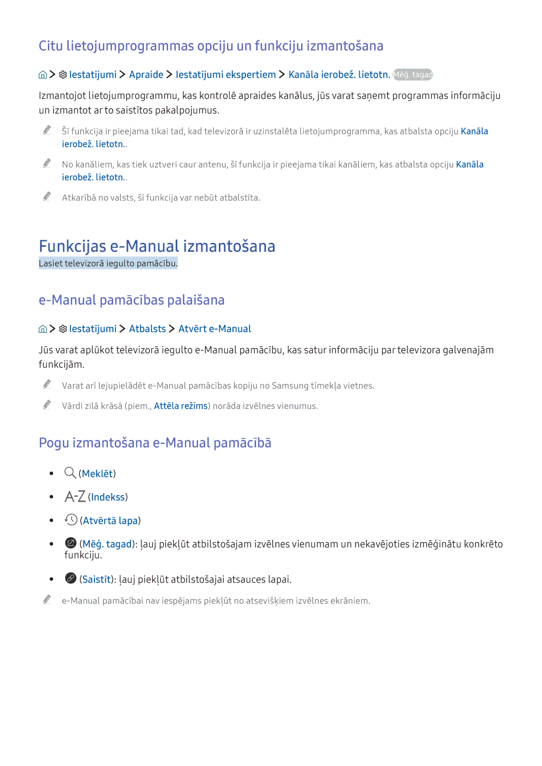 Samsung UE49K6372SUXXH manual Funkcijas e-Manual izmantošana, Citu lietojumprogrammas opciju un funkciju izmantošana 