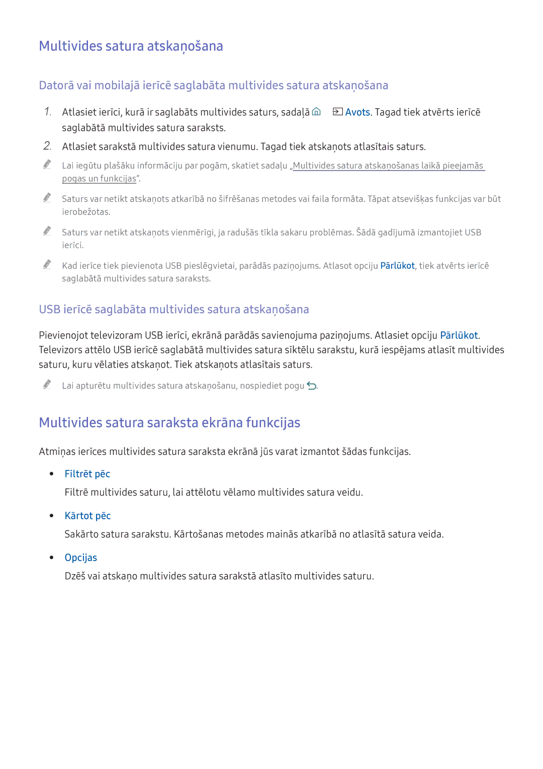 Samsung UE40K5582SUXXH, UE55K6300AWXXH manual Multivides satura atskaņošana, Multivides satura saraksta ekrāna funkcijas 