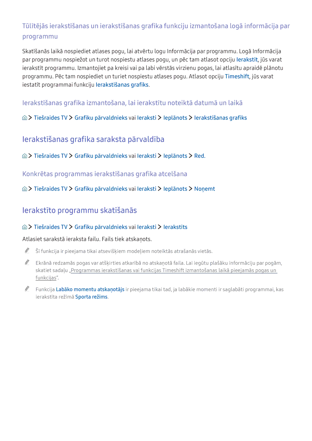 Samsung UE55K5502AKXXH, UE55K6300AWXXH manual Ierakstīšanas grafika saraksta pārvaldība, Ierakstīto programmu skatīšanās 