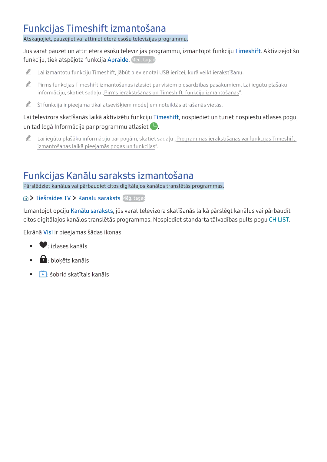 Samsung UE55K5582SUXXH, UE55K6300AWXXH manual Funkcijas Timeshift izmantošana, Funkcijas Kanālu saraksts izmantošana 