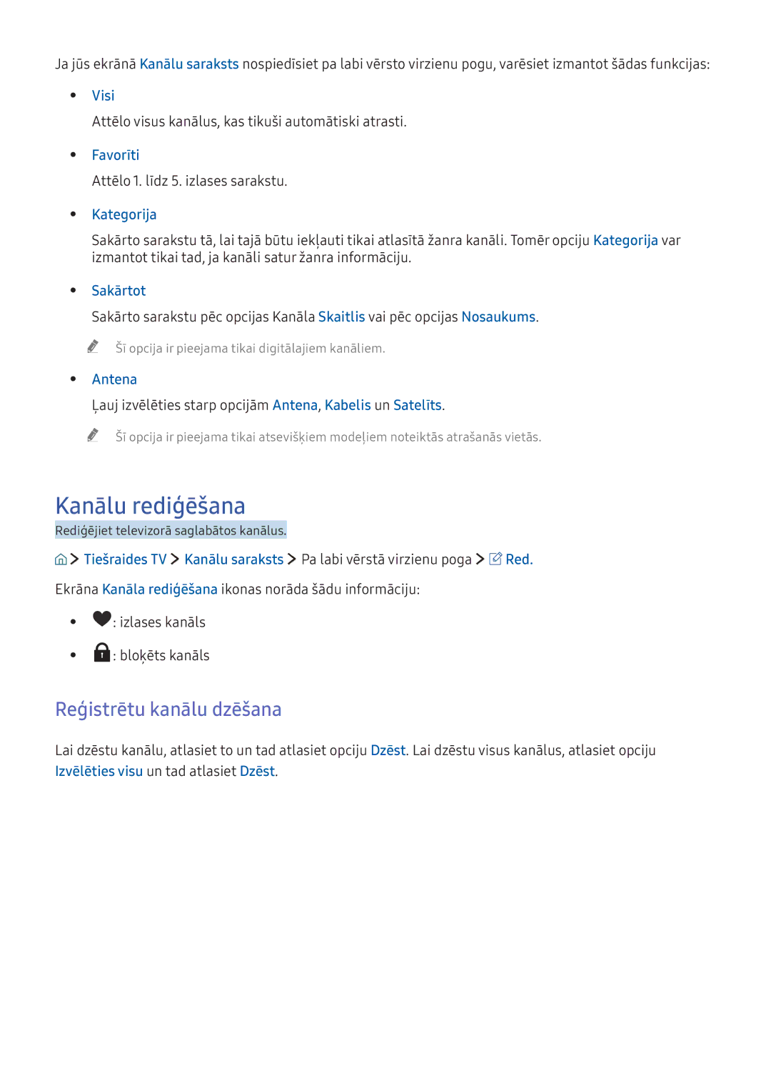 Samsung UE55K6300AWXXH, UE40K6300AWXXH, UE49K6300AWXXH, UE49K5502AKXXH manual Kanālu rediģēšana, Reģistrētu kanālu dzēšana 