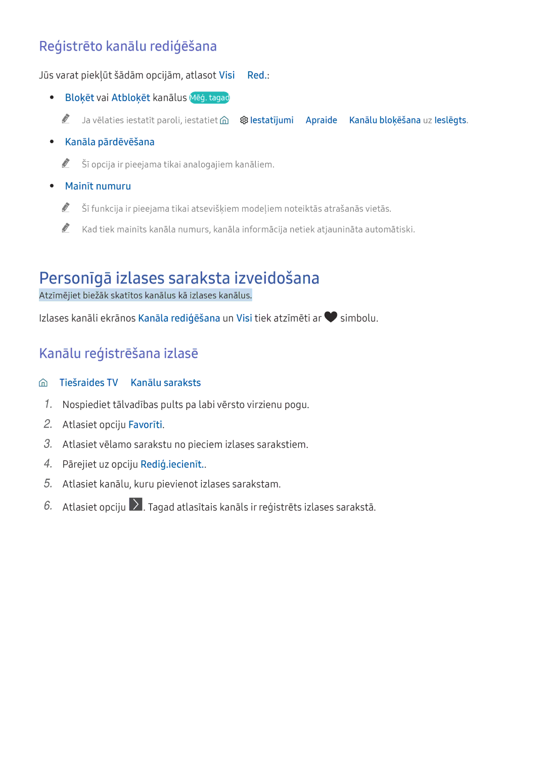 Samsung UE40K6300AWXXH Personīgā izlases saraksta izveidošana, Reģistrēto kanālu rediģēšana, Kanālu reģistrēšana izlasē 