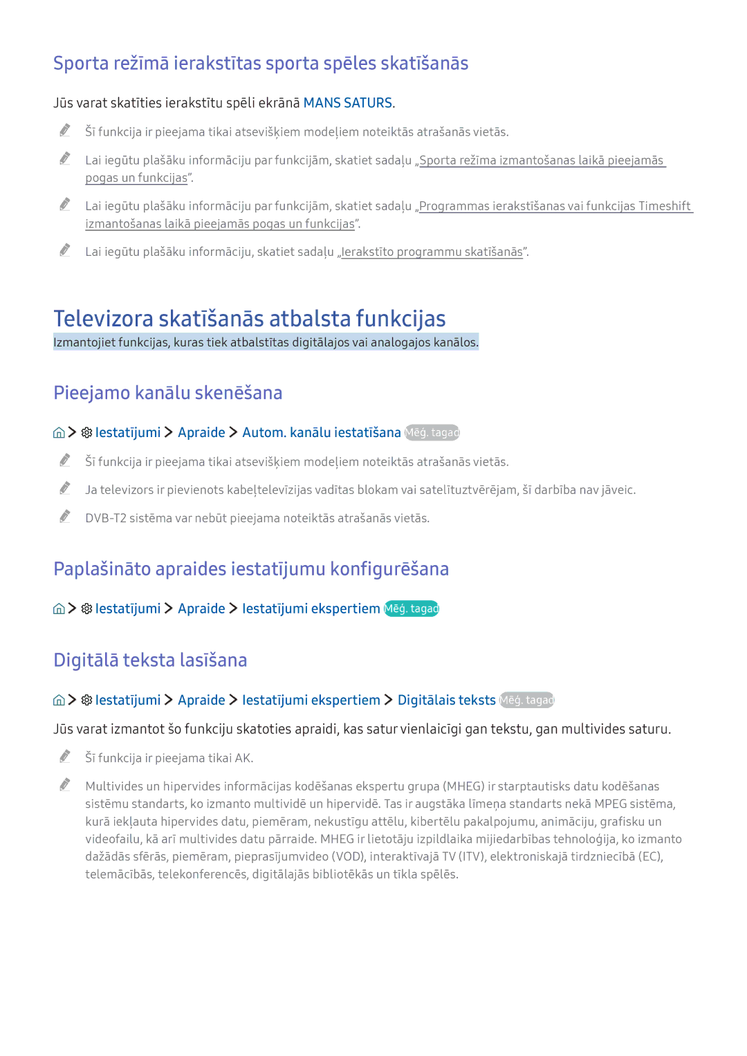 Samsung UE40K5502AKXXH manual Televizora skatīšanās atbalsta funkcijas, Sporta režīmā ierakstītas sporta spēles skatīšanās 