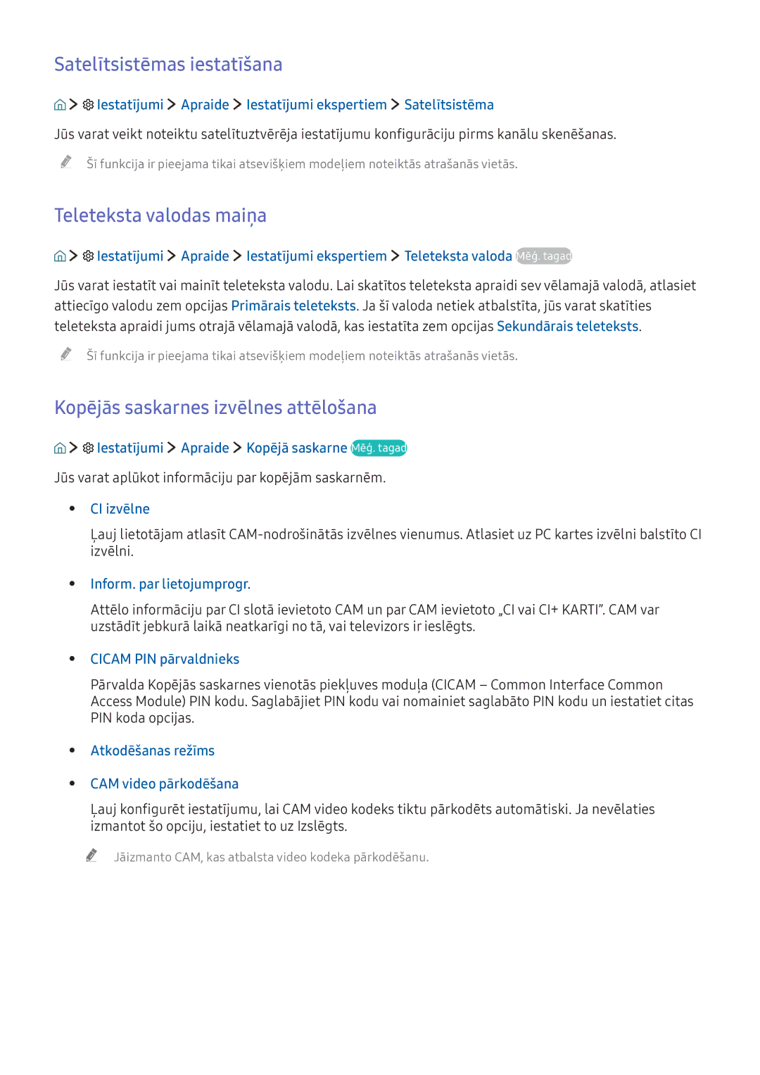 Samsung UE40K5582SUXXH manual Satelītsistēmas iestatīšana, Teleteksta valodas maiņa, Kopējās saskarnes izvēlnes attēlošana 