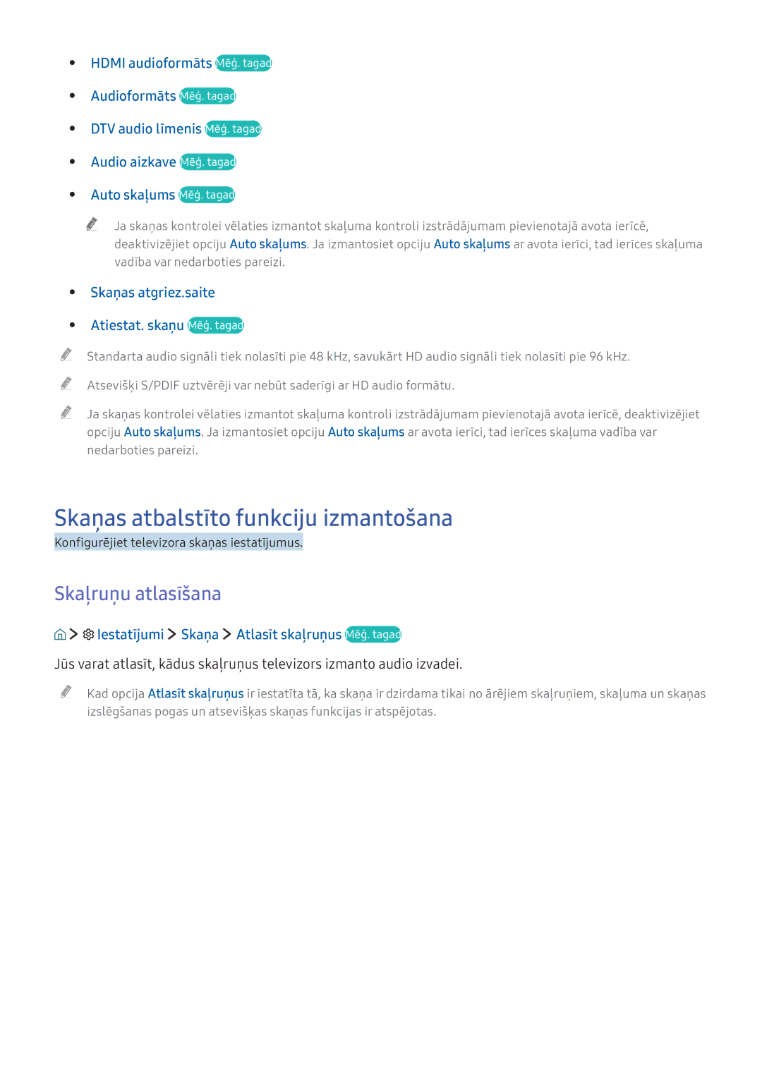 Samsung UE55K5582SUXXH, UE55K6300AWXXH, UE40K6300AWXXH manual Skaņas atbalstīto funkciju izmantošana, Skaļruņu atlasīšana 