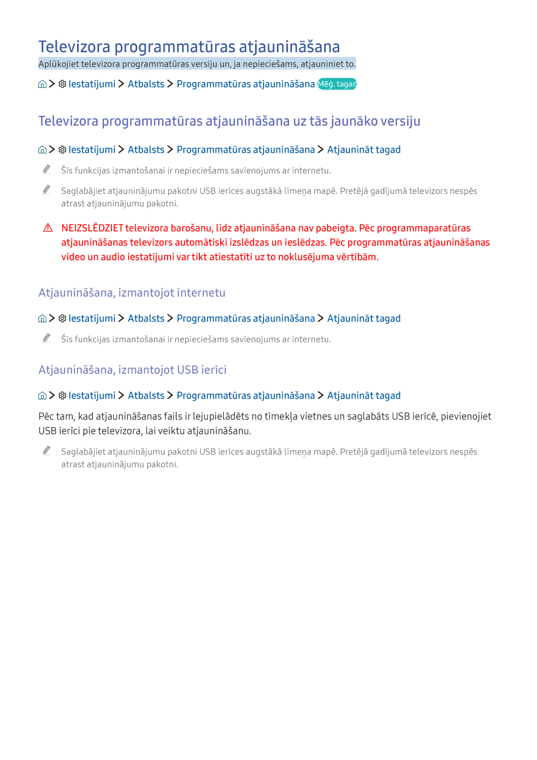 Samsung UE55K6372SUXXH, UE55K6300AWXXH manual Televizora programmatūras atjaunināšana, Atjaunināšana, izmantojot internetu 