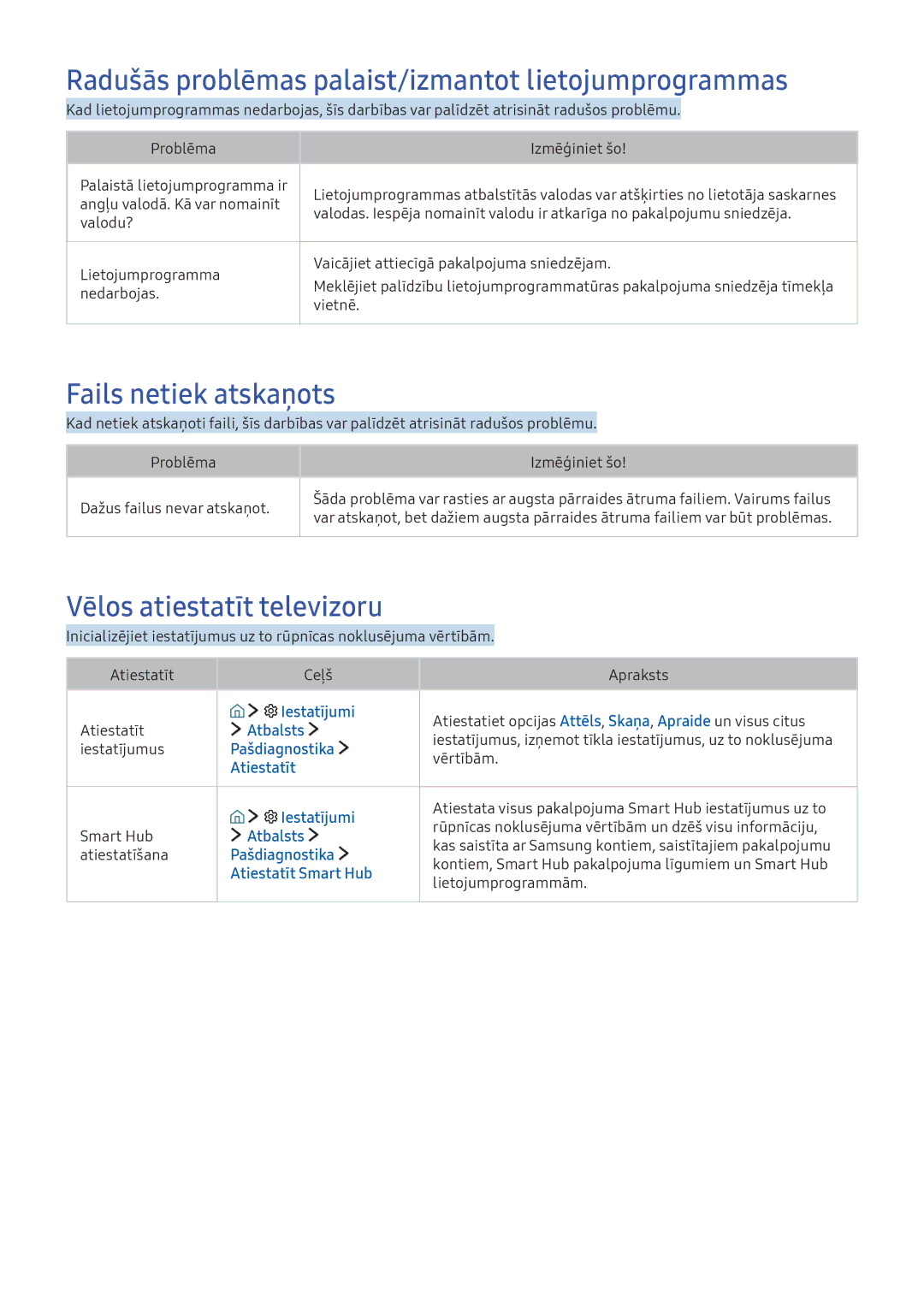 Samsung UE40K6300AWXXH, UE55K6300AWXXH manual Radušās problēmas palaist/izmantot lietojumprogrammas, Fails netiek atskaņots 