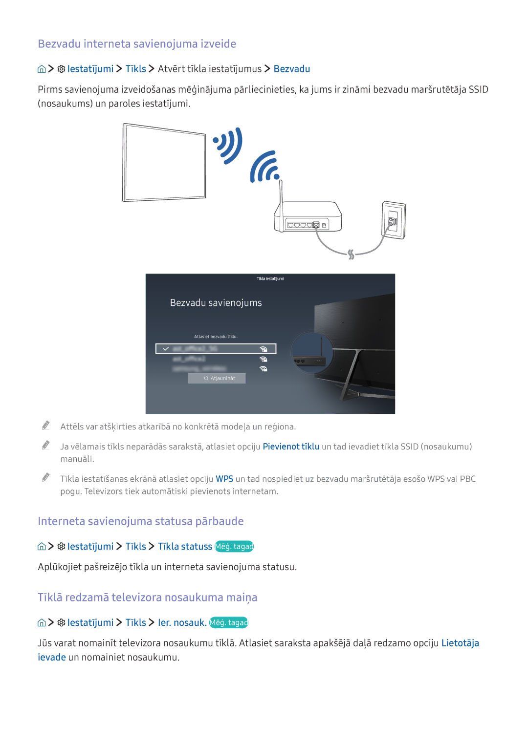 Samsung UE32K5502AKXXH, UE55K6300AWXXH manual Bezvadu interneta savienojuma izveide, Interneta savienojuma statusa pārbaude 