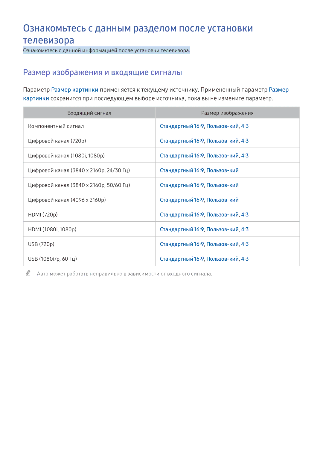 Samsung UE40K5550AUXRU Ознакомьтесь с данным разделом после установки телевизора, Размер изображения и входящие сигналы 