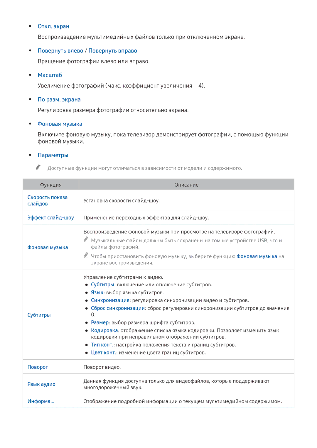 Samsung UE49K6300AWXXH manual Откл. экран, Повернуть влево / Повернуть вправо, Масштаб, По разм. экрана, Фоновая музыка 