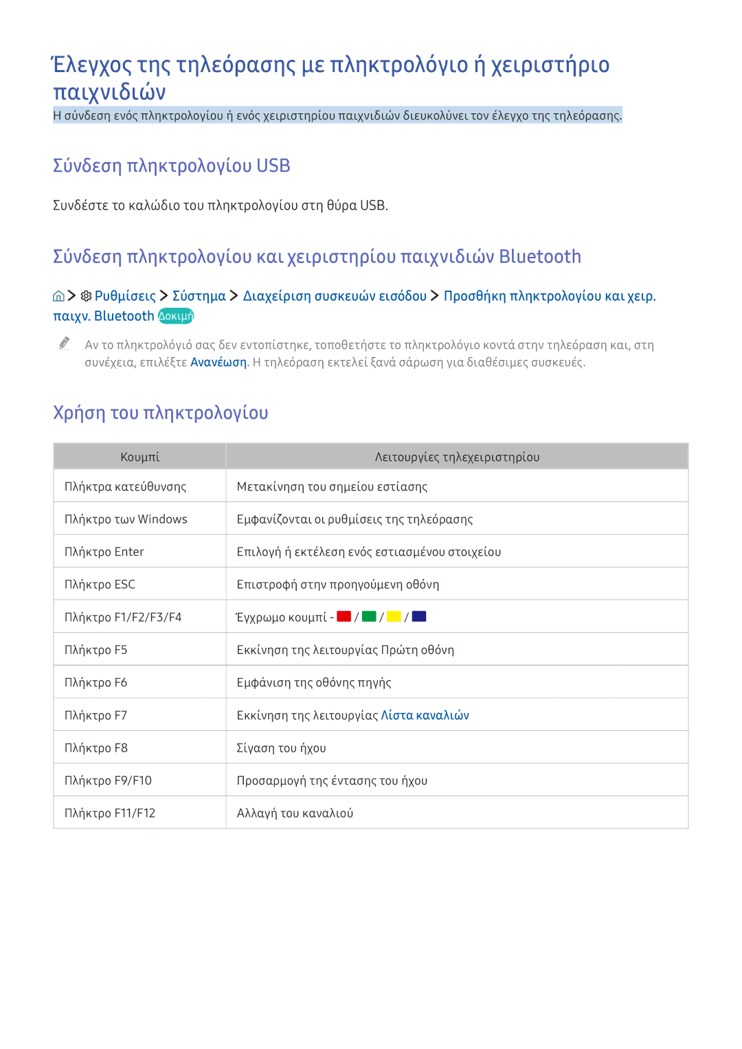 Samsung UE49K5502AKXXH manual Σύνδεση πληκτρολογίου USB, Σύνδεση πληκτρολογίου και χειριστηρίου παιχνιδιών Bluetooth 