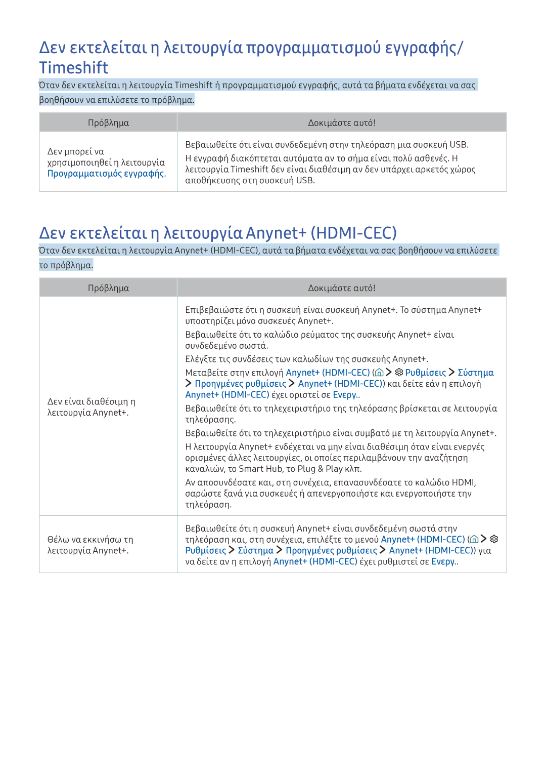 Samsung UE32K5500AWXXH manual Δεν εκτελείται η λειτουργία Anynet+ HDMI-CEC, Anynet+ HDMI-CEC έχει οριστεί σε Ενεργ 