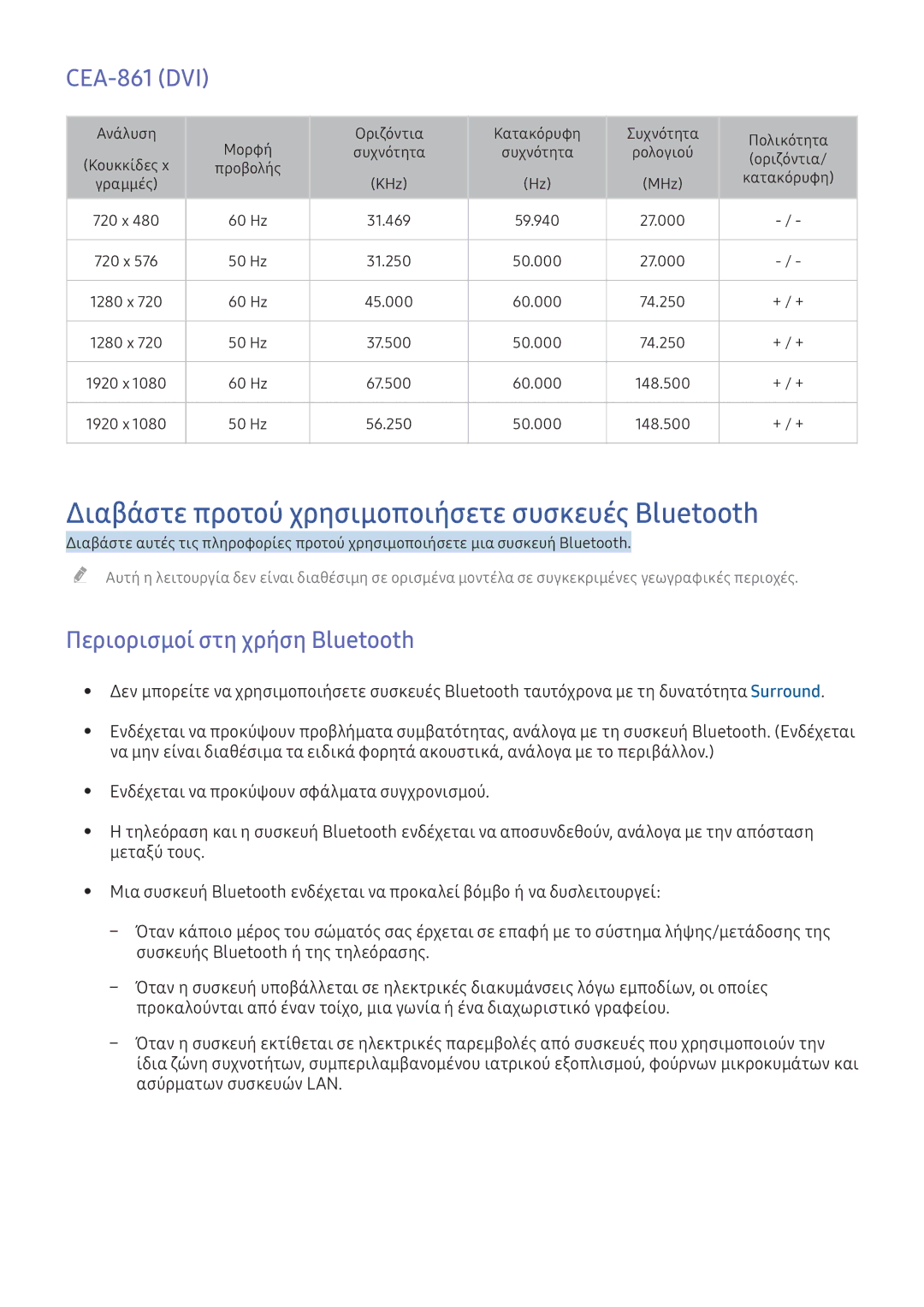 Samsung UE55K6300AWXXH Διαβάστε προτού χρησιμοποιήσετε συσκευές Bluetooth, CEA-861 DVI, Περιορισμοί στη χρήση Bluetooth 