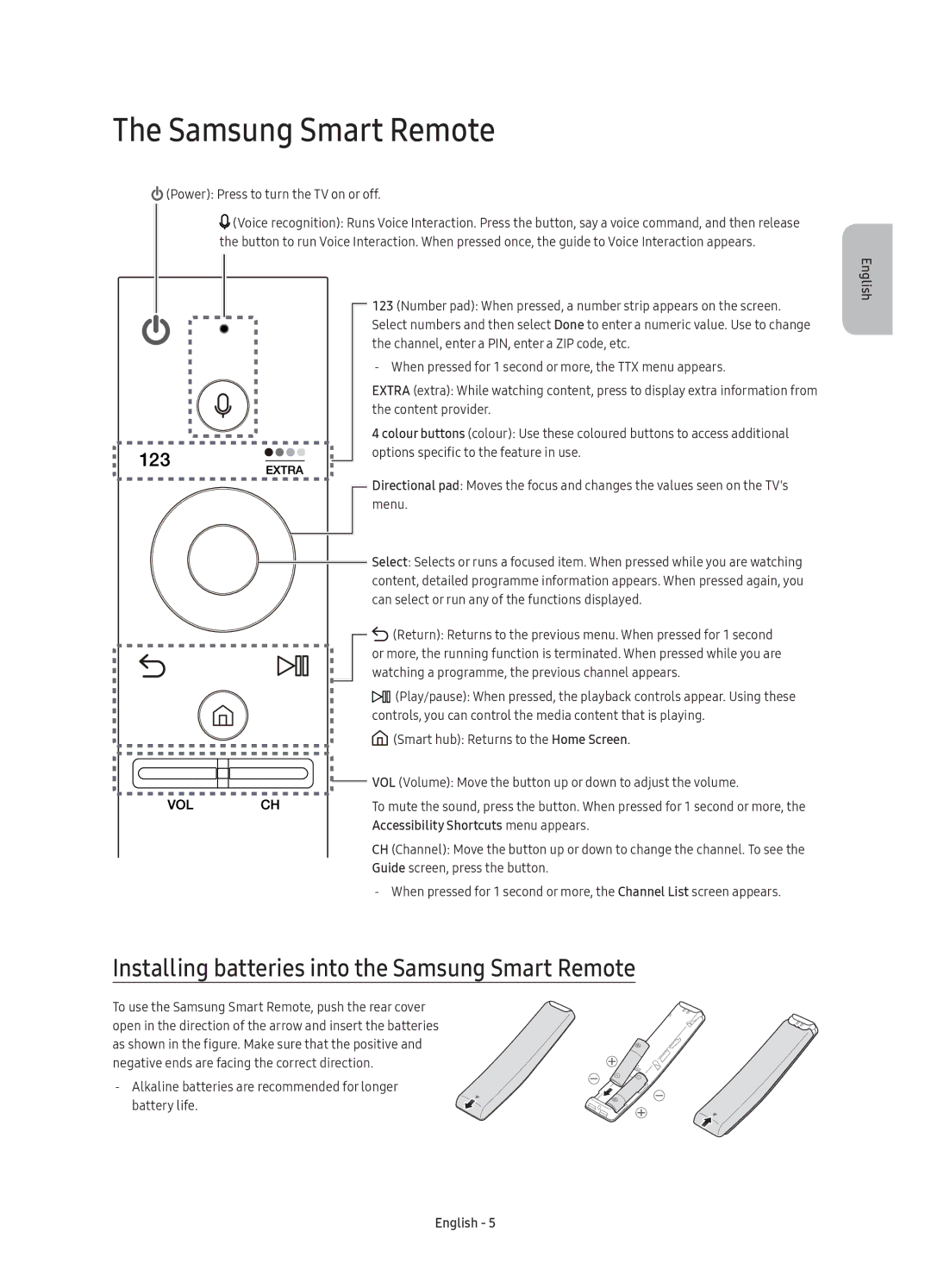 Samsung UE55KS7000UXRU manual Installing batteries into the Samsung Smart Remote, Power Press to turn the TV on or off 