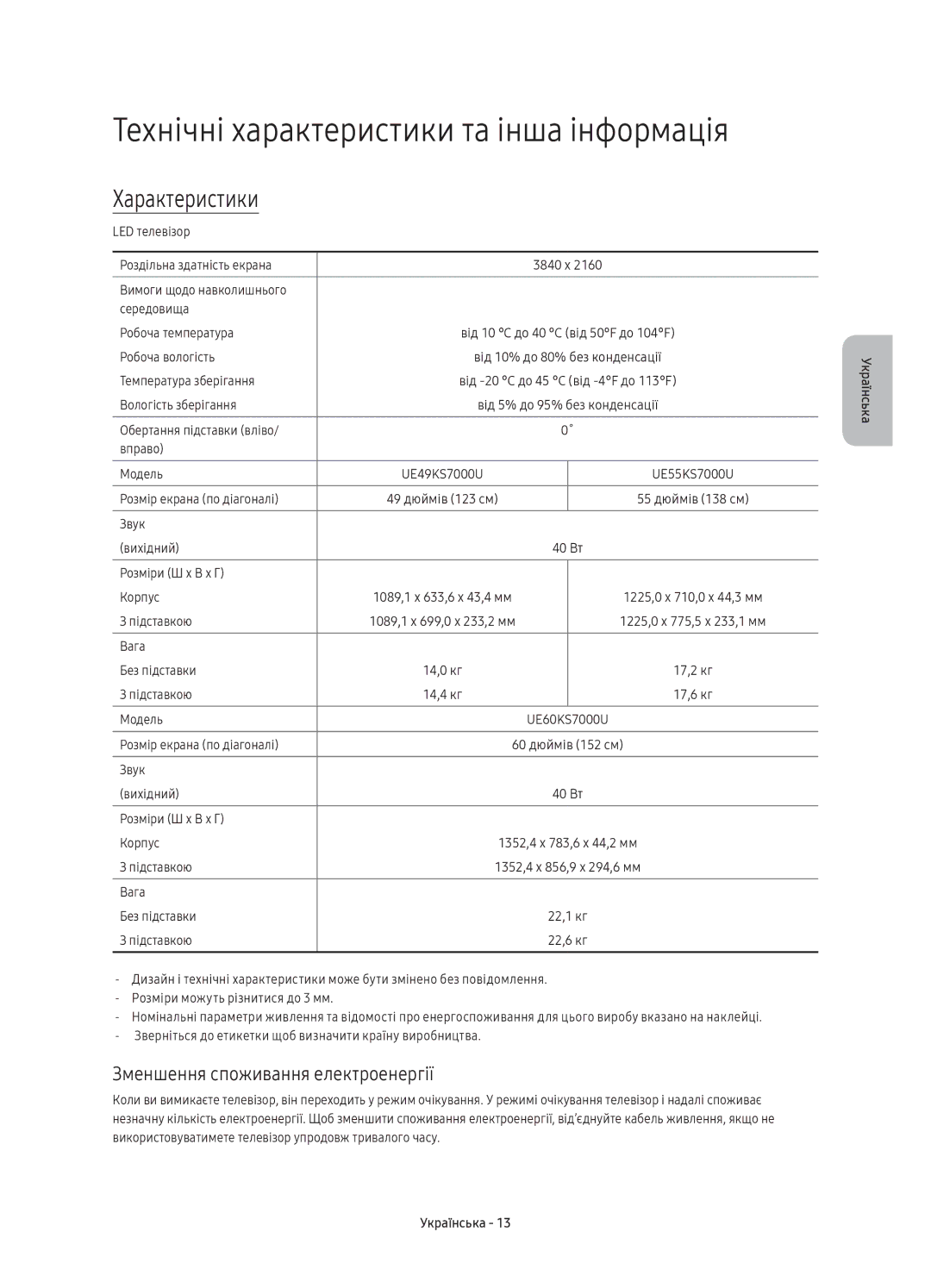 Samsung UE60KS7000UXRU Технічні характеристики та інша інформація, Характеристики, Зменшення споживання електроенергії 