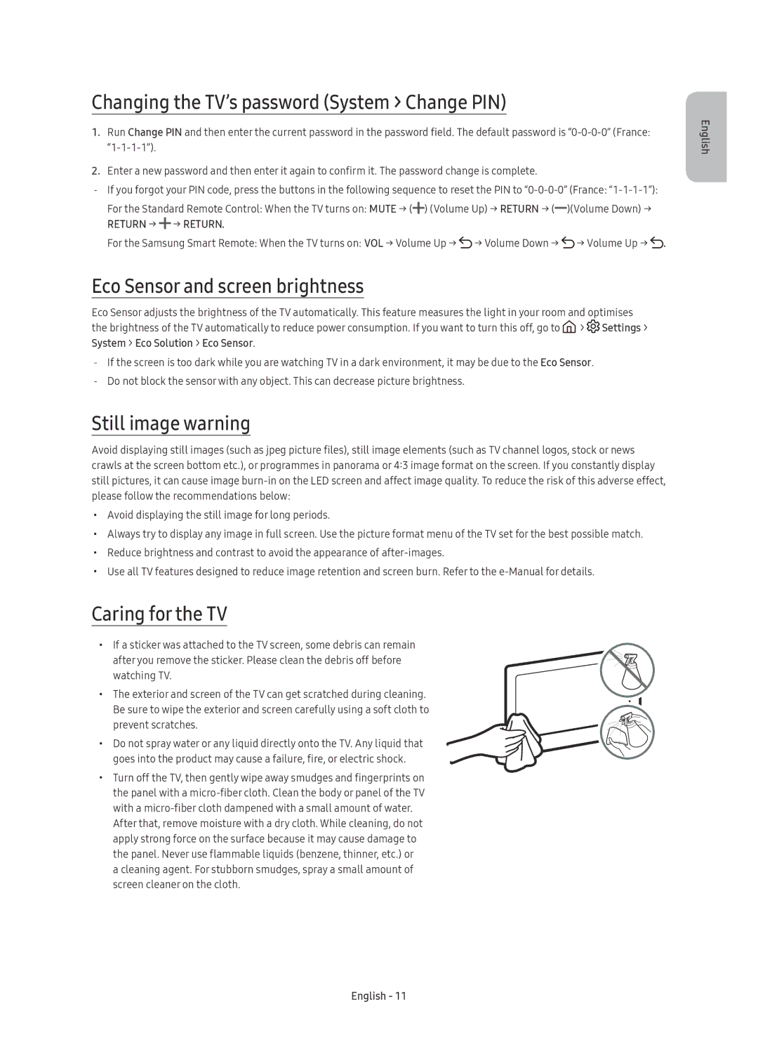 Samsung UE49KS7000UXZF Changing the TV’s password System Change PIN, Eco Sensor and screen brightness, Still image warning 