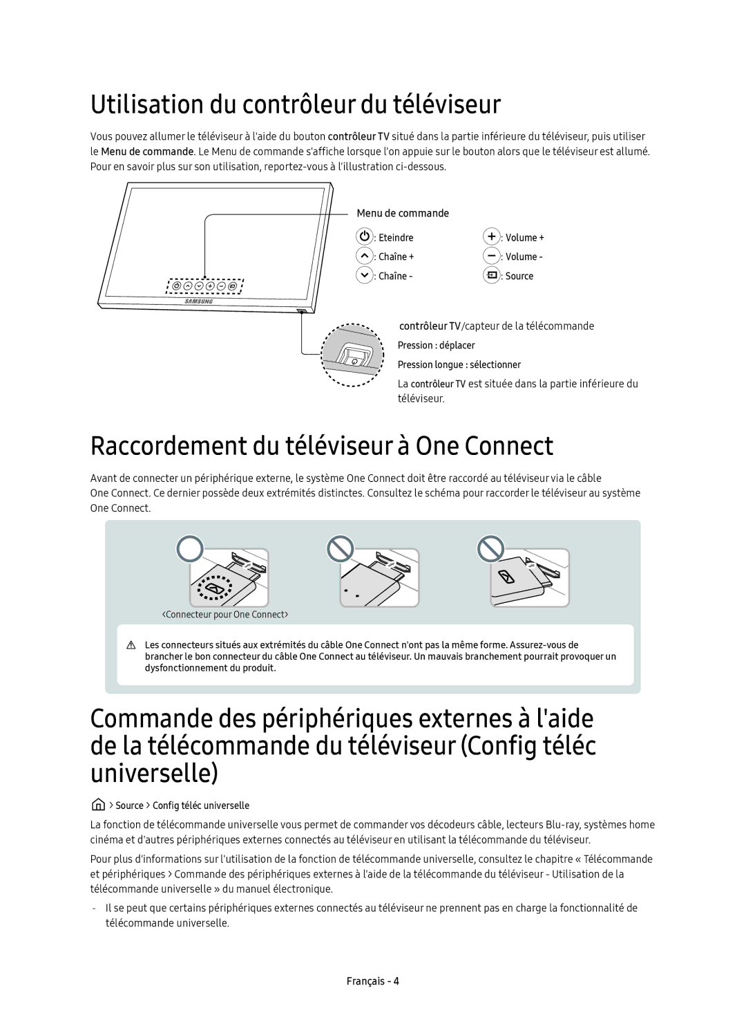 Samsung UE49KS7000UXZF, UE55KS7000UXXC Utilisation du contrôleur du téléviseur, Raccordement du téléviseur à One Connect 