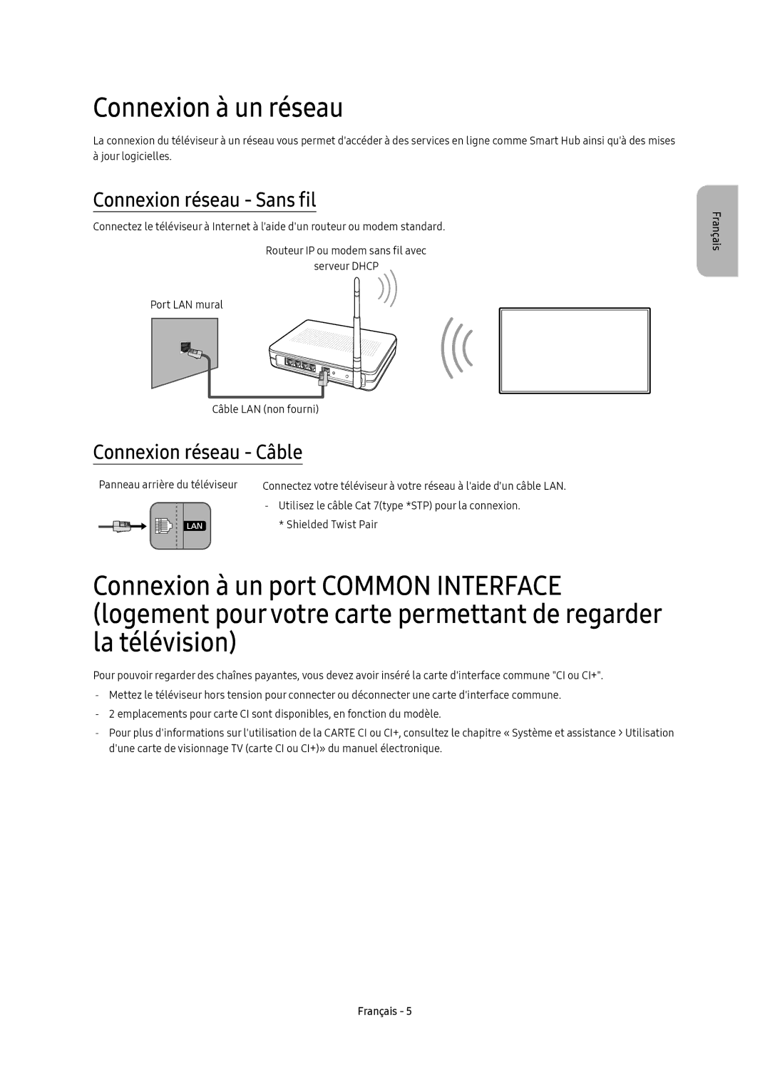 Samsung UE55KS7000UXXC, UE55KS7000UXZF manual Connexion à un réseau, Connexion réseau Sans fil, Connexion réseau Câble 