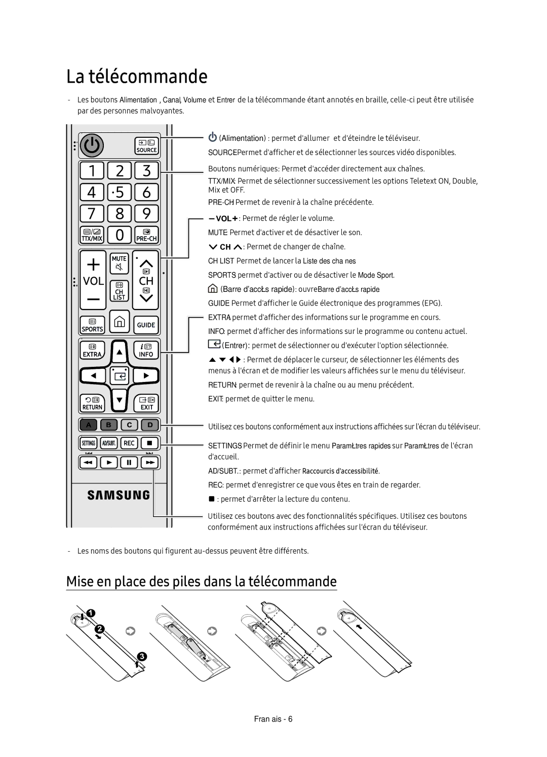 Samsung UE55KS7000UXZF, UE55KS7000UXXC, UE49KS7000UXZF manual La télécommande, Mise en place des piles dans la télécommande 