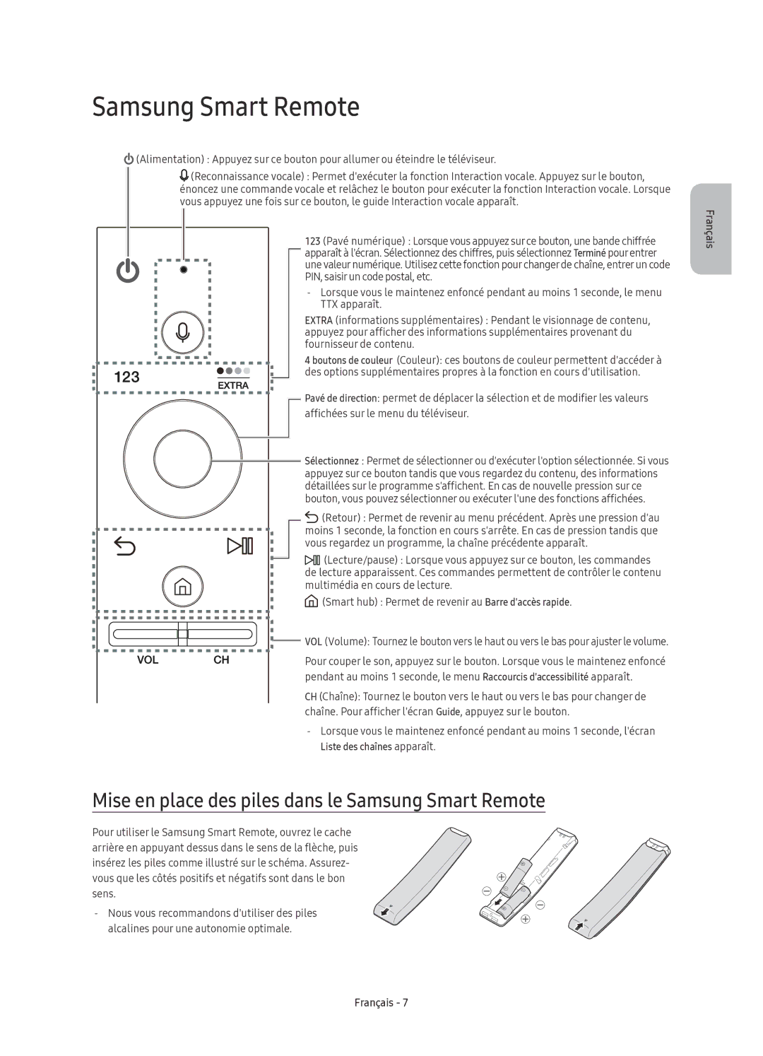 Samsung UE49KS7000UXZF, UE55KS7000UXXC, UE55KS7000UXZF manual Mise en place des piles dans le Samsung Smart Remote 