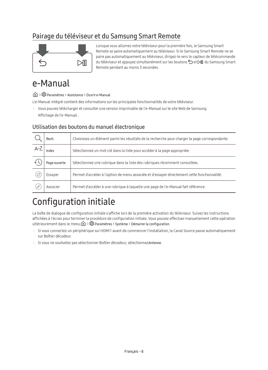 Samsung UE55KS7000UXXC, UE55KS7000UXZF Manual, Configuration initiale, Pairage du téléviseur et du Samsung Smart Remote 