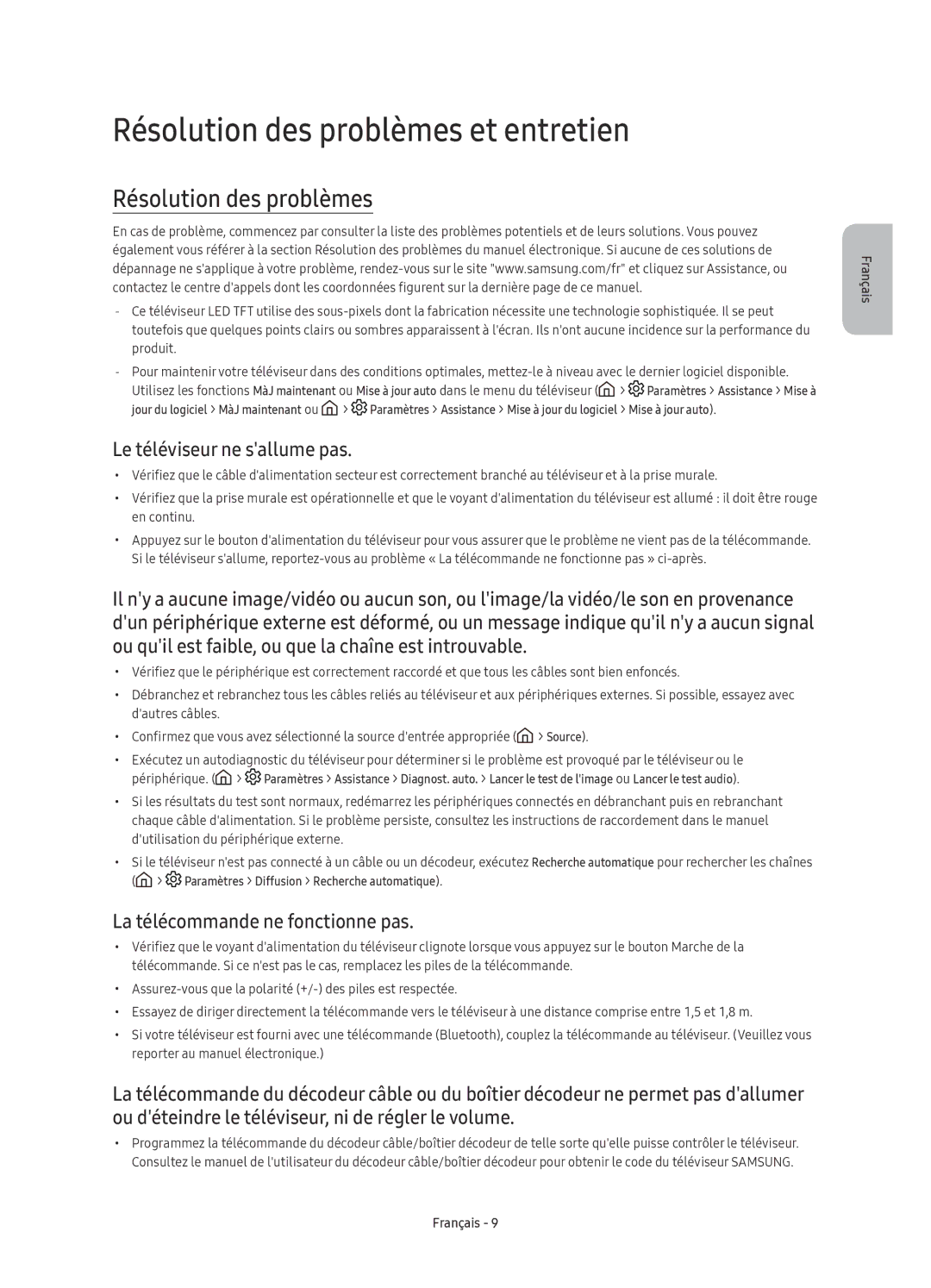 Samsung UE55KS7000UXZF, UE55KS7000UXXC, UE49KS7000UXZF Résolution des problèmes et entretien, Le téléviseur ne sallume pas 