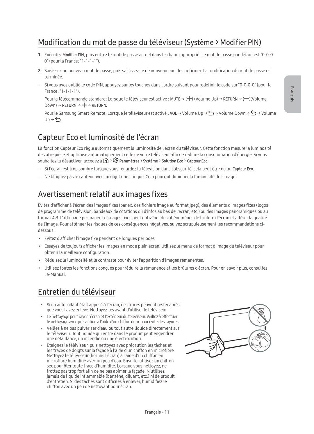 Samsung UE55KS7000UXXC, UE55KS7000UXZF manual Capteur Eco et luminosité de lécran, Avertissement relatif aux images fixes 