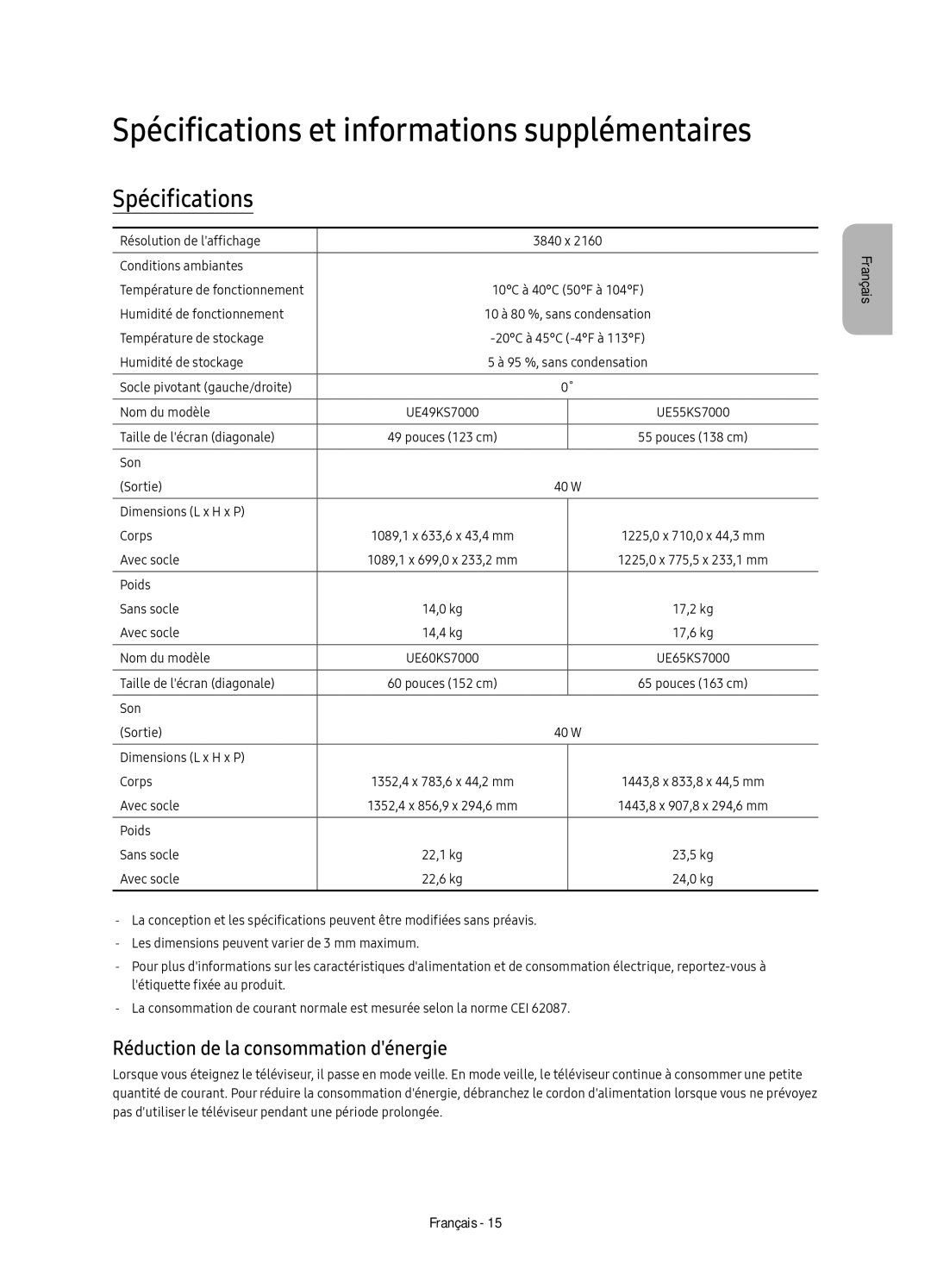 Samsung UE55KS7000UXZF, UE55KS7000UXXC, UE49KS7000UXZF manual Spécifications, Réduction de la consommation dénergie 