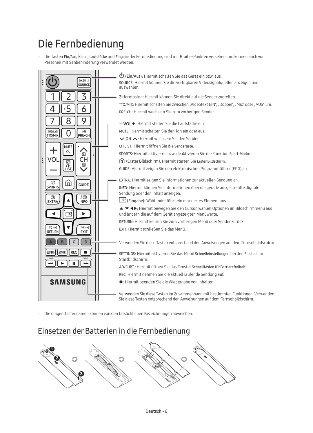 Samsung UE49KS7000UXZF, UE55KS7000UXXC, UE55KS7000UXZF manual Die Fernbedienung, Einsetzen der Batterien in die Fernbedienung 