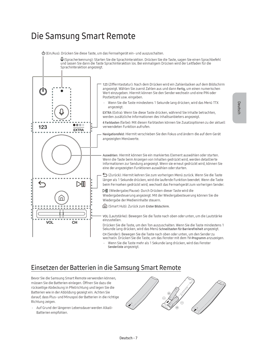 Samsung UE55KS7000UXXC, UE55KS7000UXZF manual Die Samsung Smart Remote, Einsetzen der Batterien in die Samsung Smart Remote 