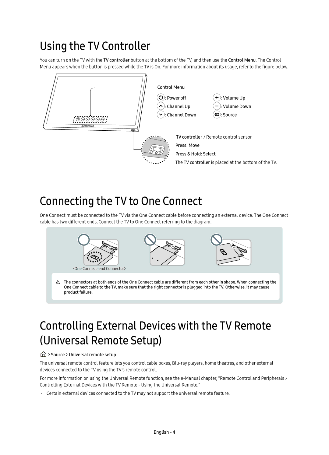 Samsung UE55KS7000UXZF, UE55KS7000UXXC, UE49KS7000UXZF manual Using the TV Controller, Connecting the TV to One Connect 