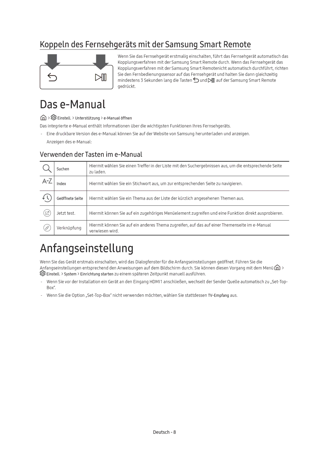 Samsung UE55KS7000UXZF manual Das e-Manual, Anfangseinstellung, Koppeln des Fernsehgeräts mit der Samsung Smart Remote 