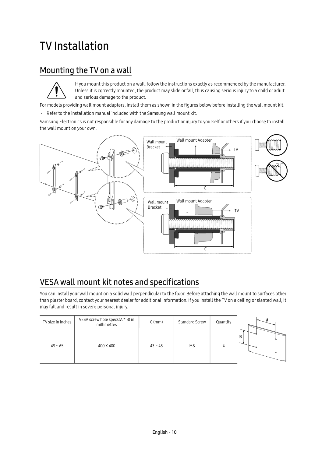 Samsung UE65KS7000UXXC manual TV Installation, Mounting the TV on a wall, Vesa wall mount kit notes and specifications 