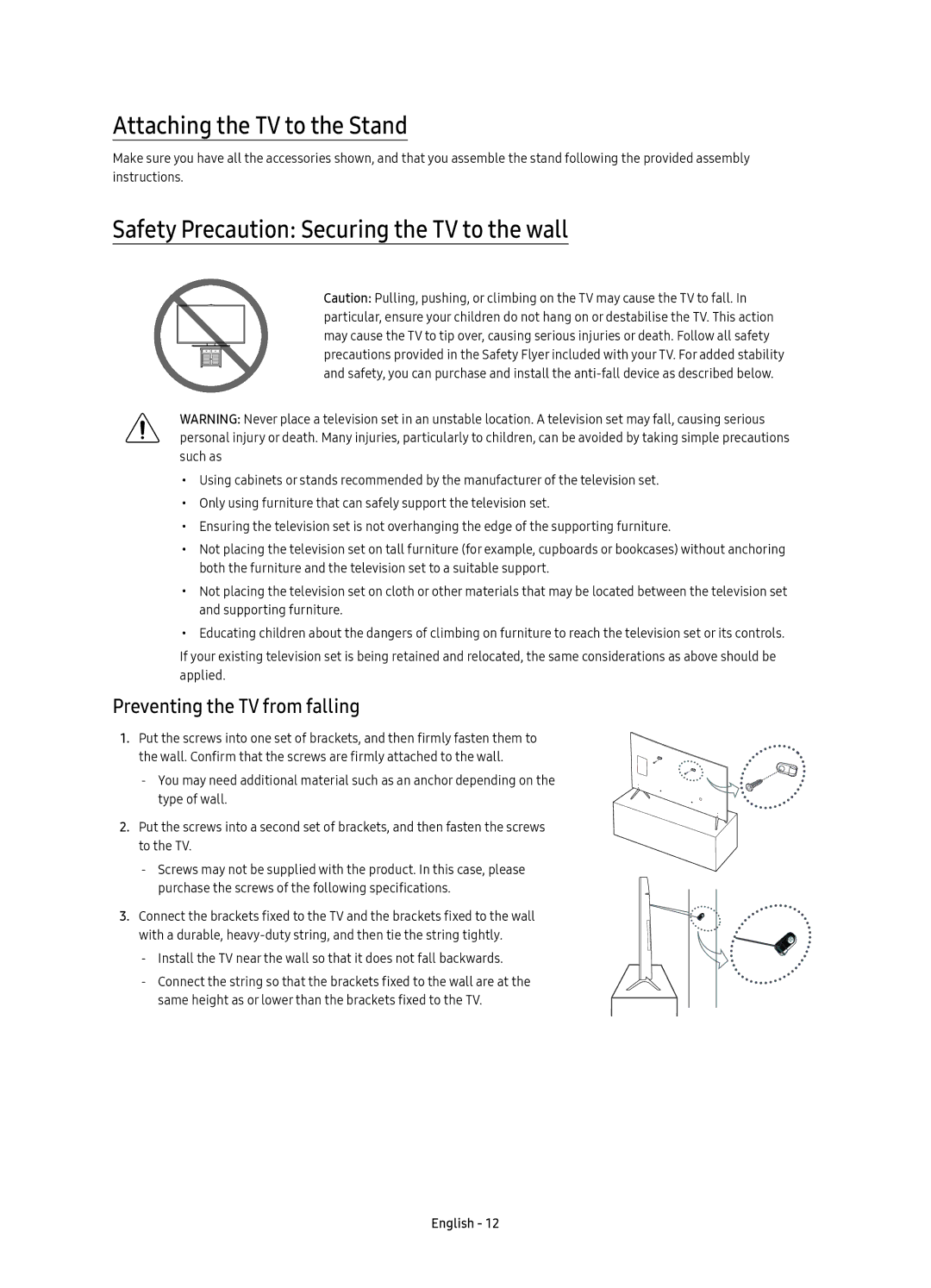 Samsung UE55KS7000UXXC, UE60KS7000UXXC manual Attaching the TV to the Stand, Safety Precaution Securing the TV to the wall 