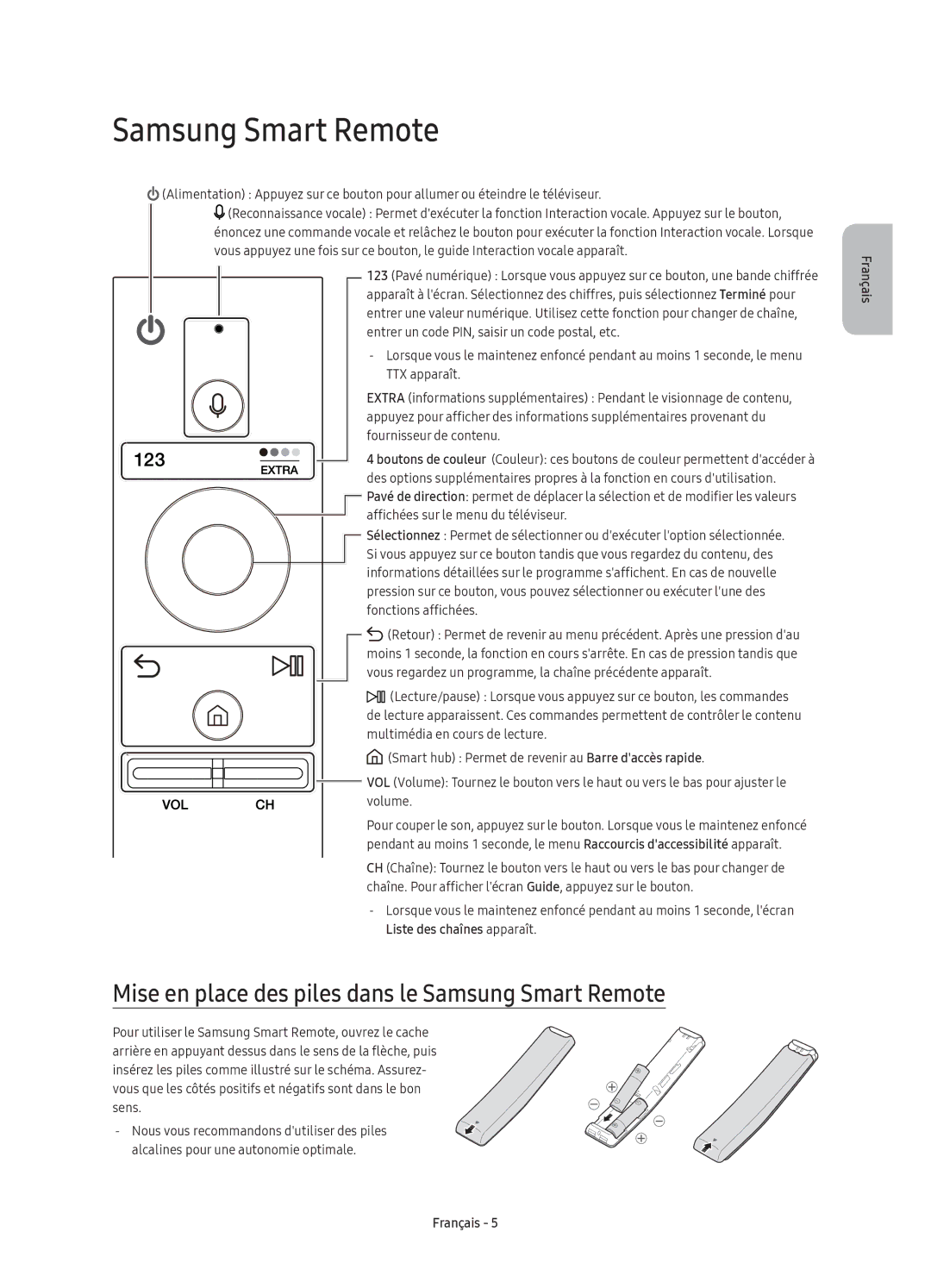 Samsung UE49KS7000UXXC, UE55KS7000UXXC, UE60KS7000UXXC manual Mise en place des piles dans le Samsung Smart Remote 