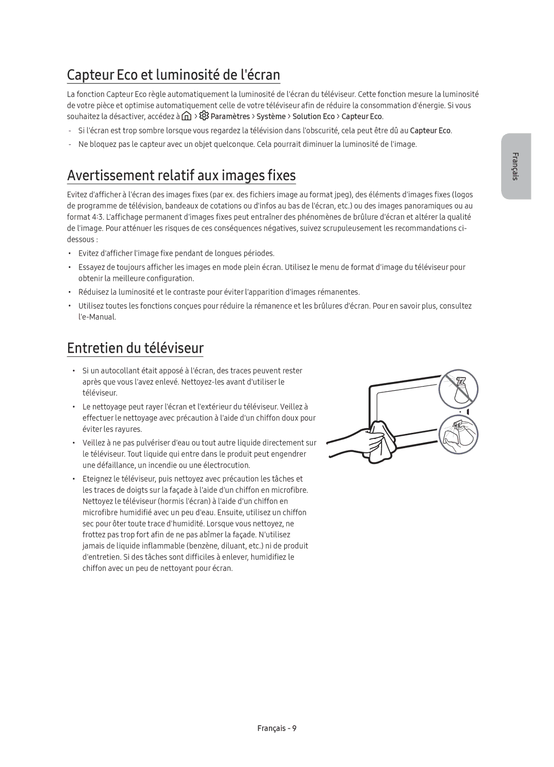 Samsung UE49KS7000UXXC, UE55KS7000UXXC manual Capteur Eco et luminosité de lécran, Avertissement relatif aux images fixes 