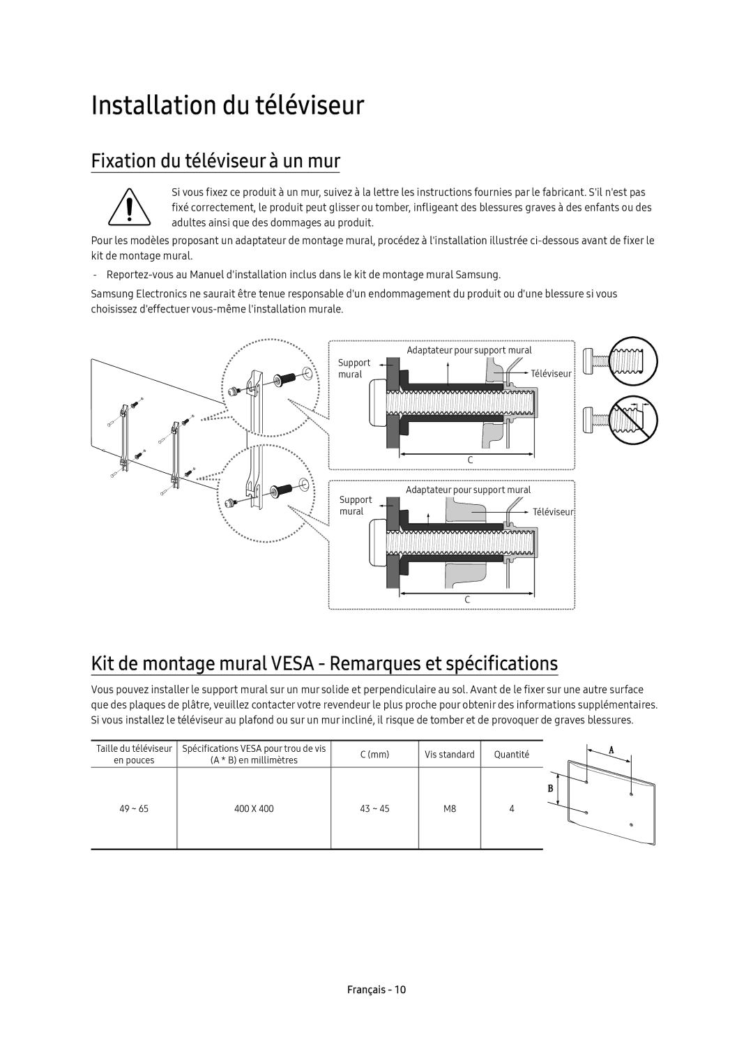 Samsung UE55KS7000UXXC, UE60KS7000UXXC, UE65KS7000UXXC manual Installation du téléviseur, Fixation du téléviseur à un mur 