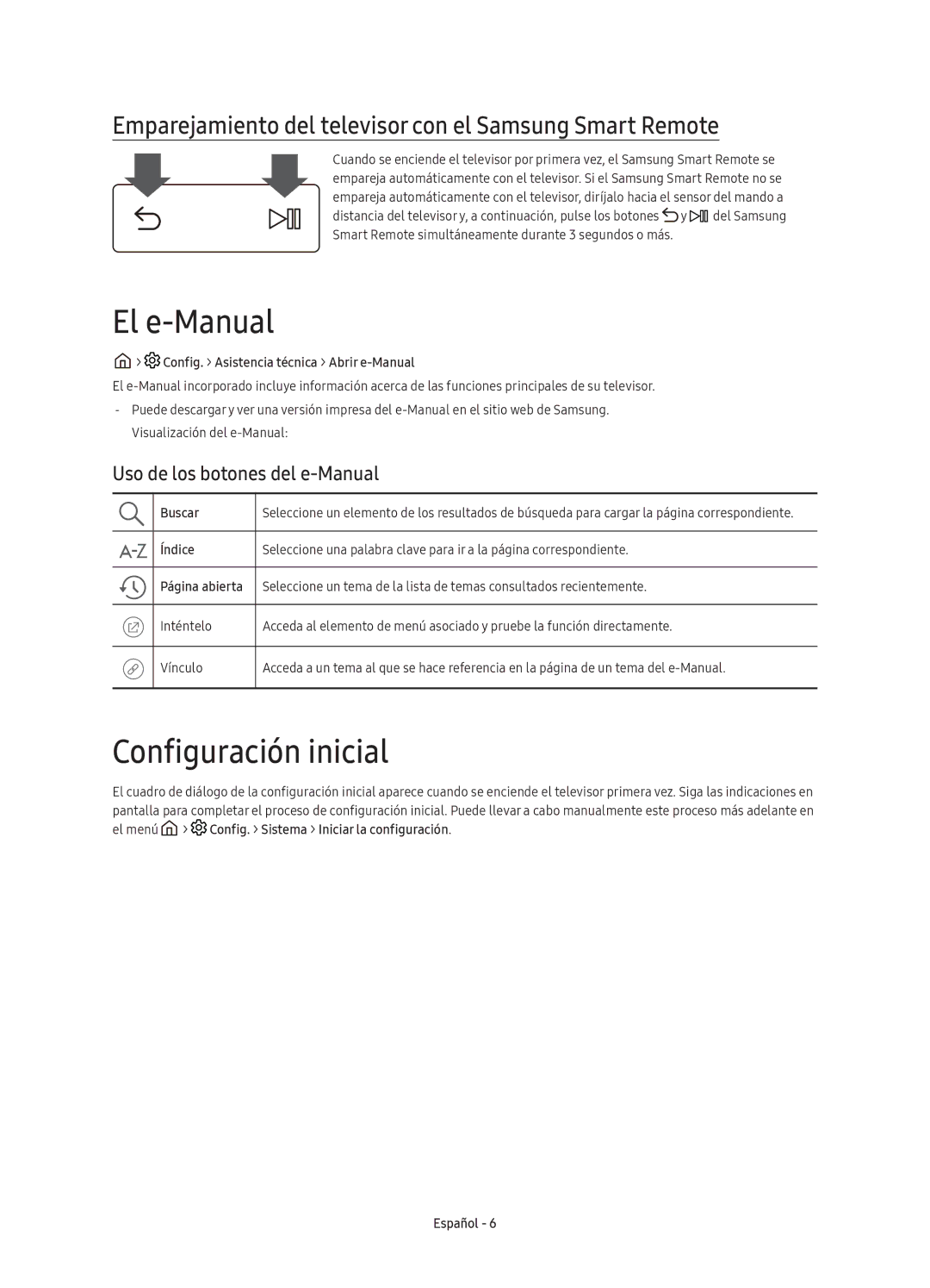 Samsung UE65KS7000UXXC manual El e-Manual, Configuración inicial, Emparejamiento del televisor con el Samsung Smart Remote 