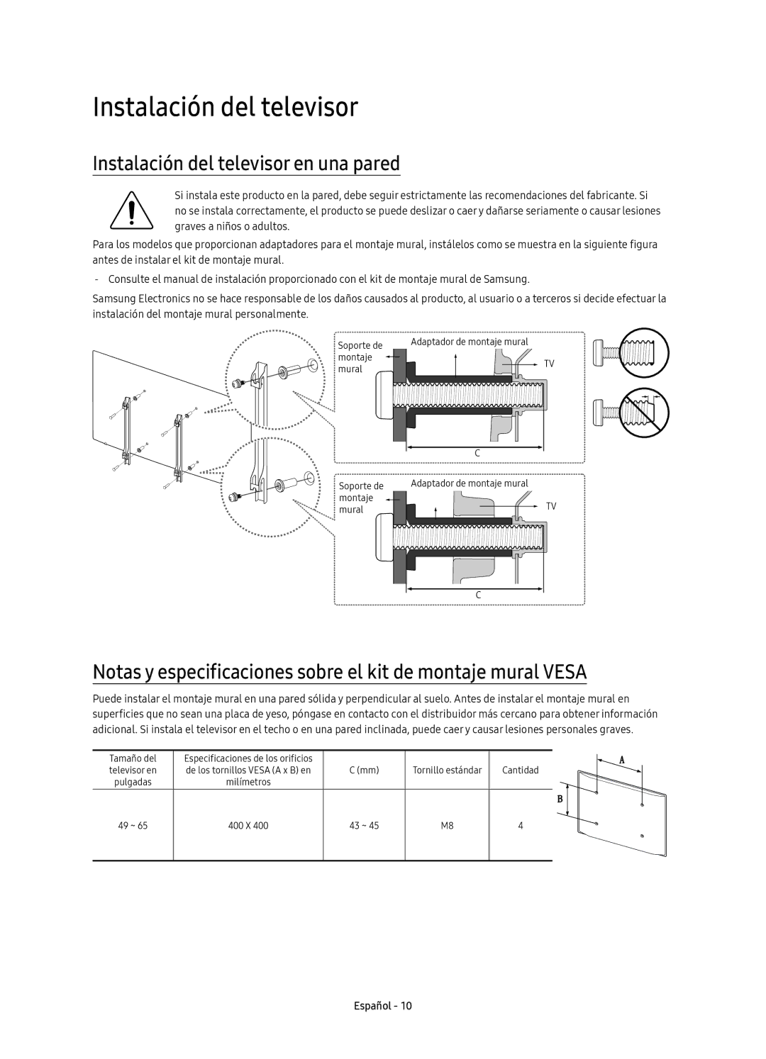 Samsung UE65KS7000UXXC, UE55KS7000UXXC, UE60KS7000UXXC, UE49KS7000UXXC manual Instalación del televisor en una pared 