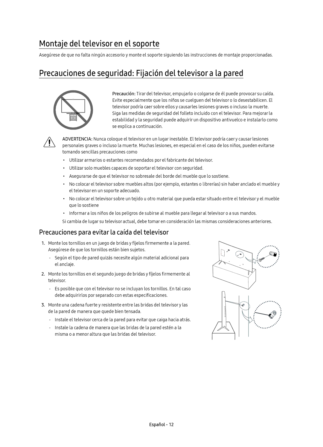 Samsung UE55KS7000UXXC Montaje del televisor en el soporte, Precauciones de seguridad Fijación del televisor a la pared 