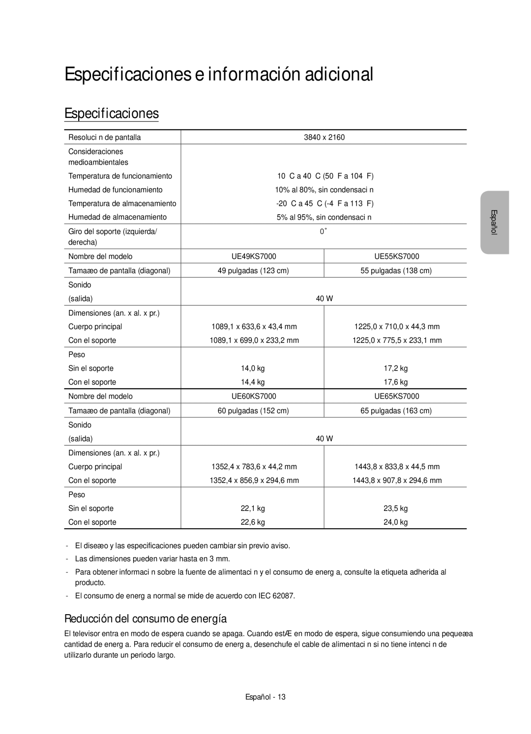 Samsung UE60KS7000UXXC, UE55KS7000UXXC manual Especificaciones e información adicional, Reducción del consumo de energía 