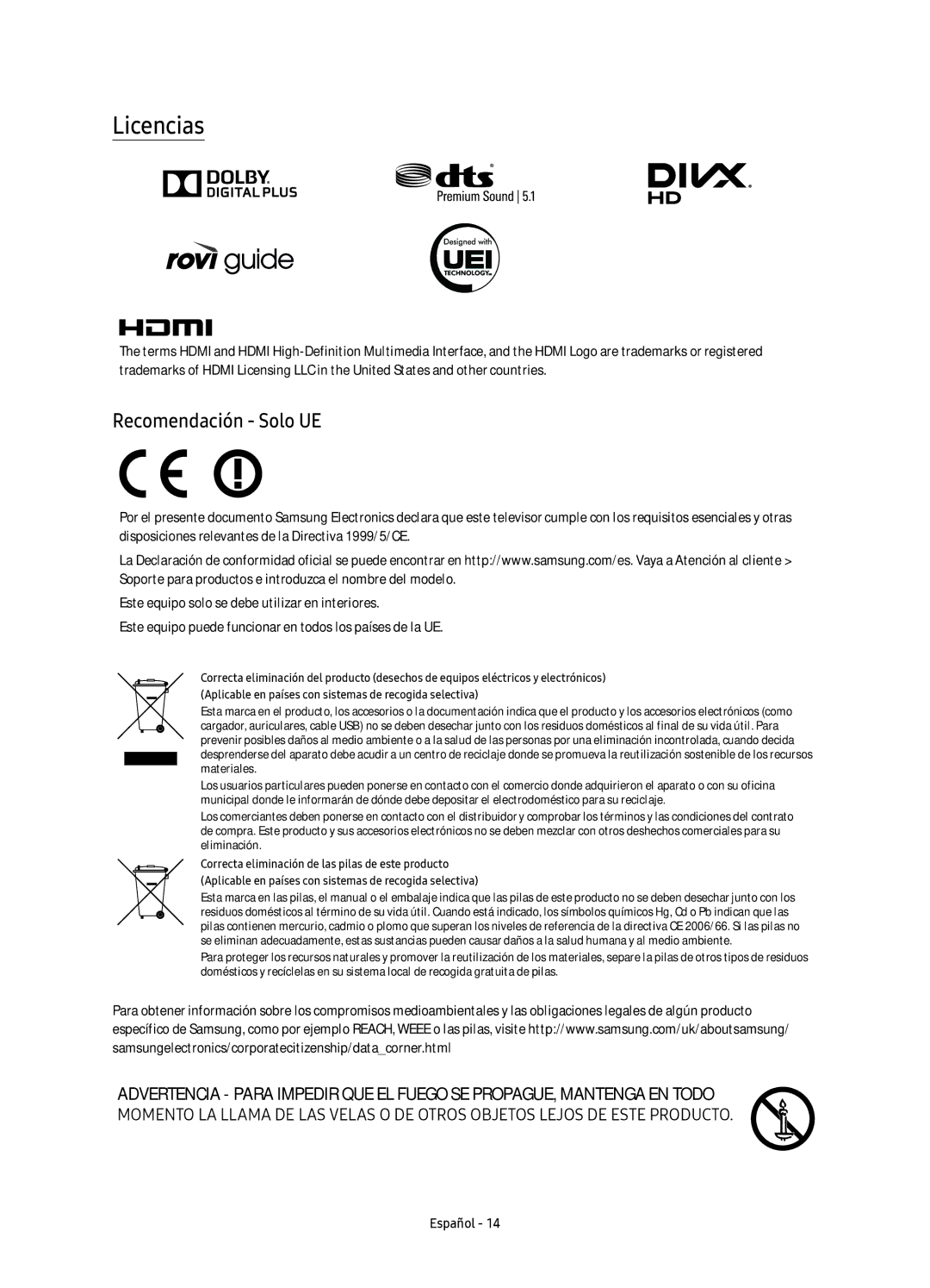 Samsung UE65KS7000UXXC, UE55KS7000UXXC, UE60KS7000UXXC, UE49KS7000UXXC manual Licencias, Recomendación Solo UE 