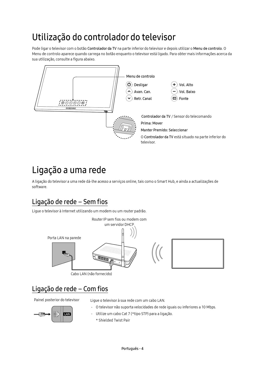 Samsung UE65KS7000UXXC manual Utilização do controlador do televisor, Ligação a uma rede, Ligação de rede Sem fios 