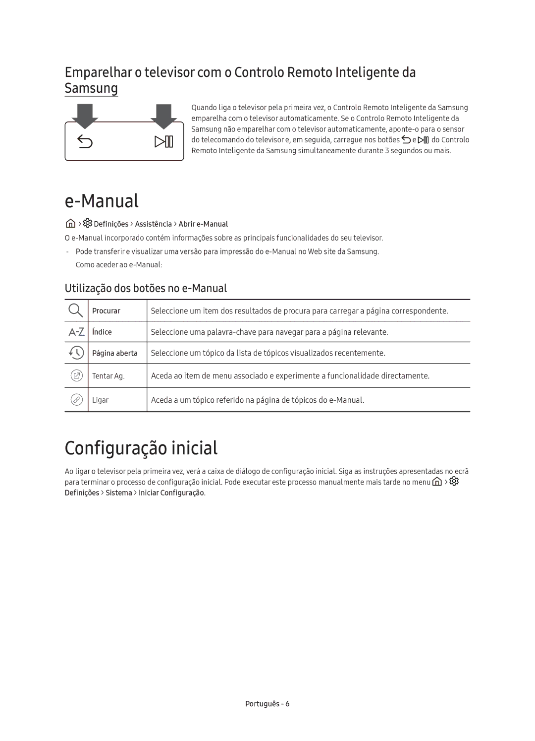 Samsung UE55KS7000UXXC, UE60KS7000UXXC, UE65KS7000UXXC manual Configuração inicial, Utilização dos botões no e-Manual 