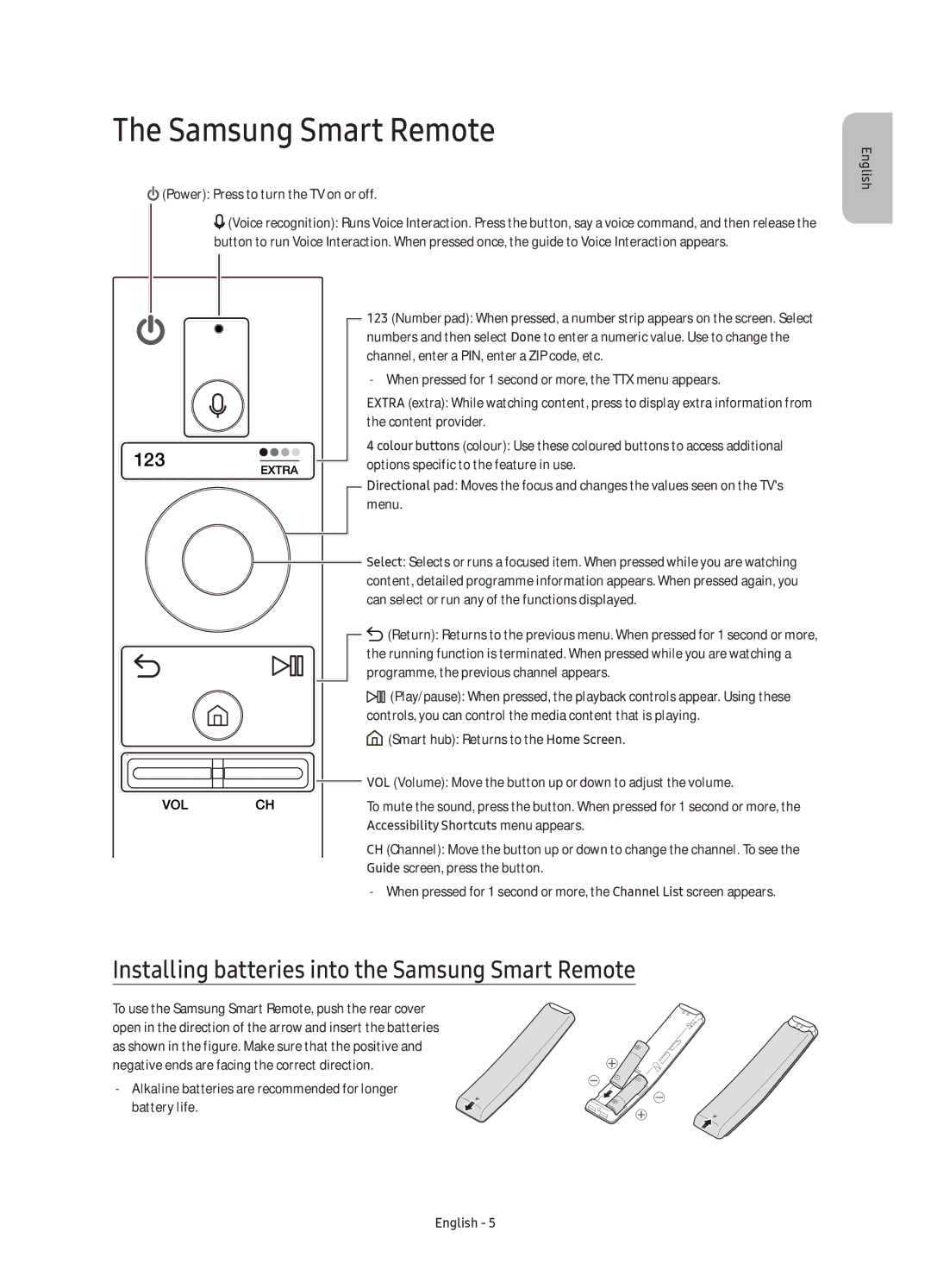 Samsung UE60KS7000UXXC, UE55KS7000UXXC, UE65KS7000UXXC manual Installing batteries into the Samsung Smart Remote 