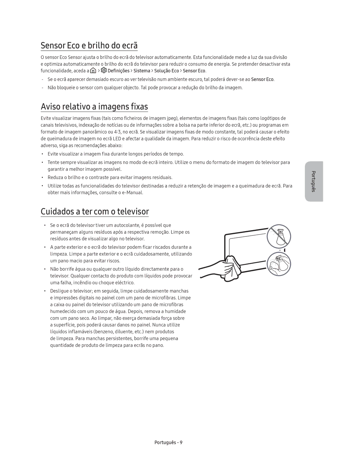 Samsung UE49KS7000UXXC manual Sensor Eco e brilho do ecrã, Aviso relativo a imagens fixas, Cuidados a ter com o televisor 