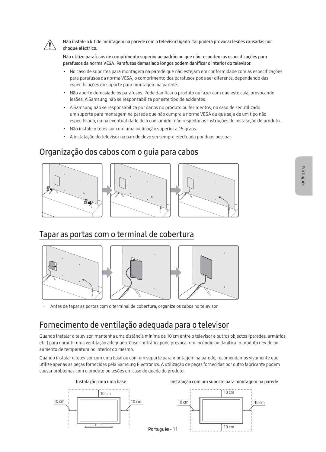 Samsung UE60KS7000UXXC manual Organização dos cabos com o guia para cabos, Tapar as portas com o terminal de cobertura 